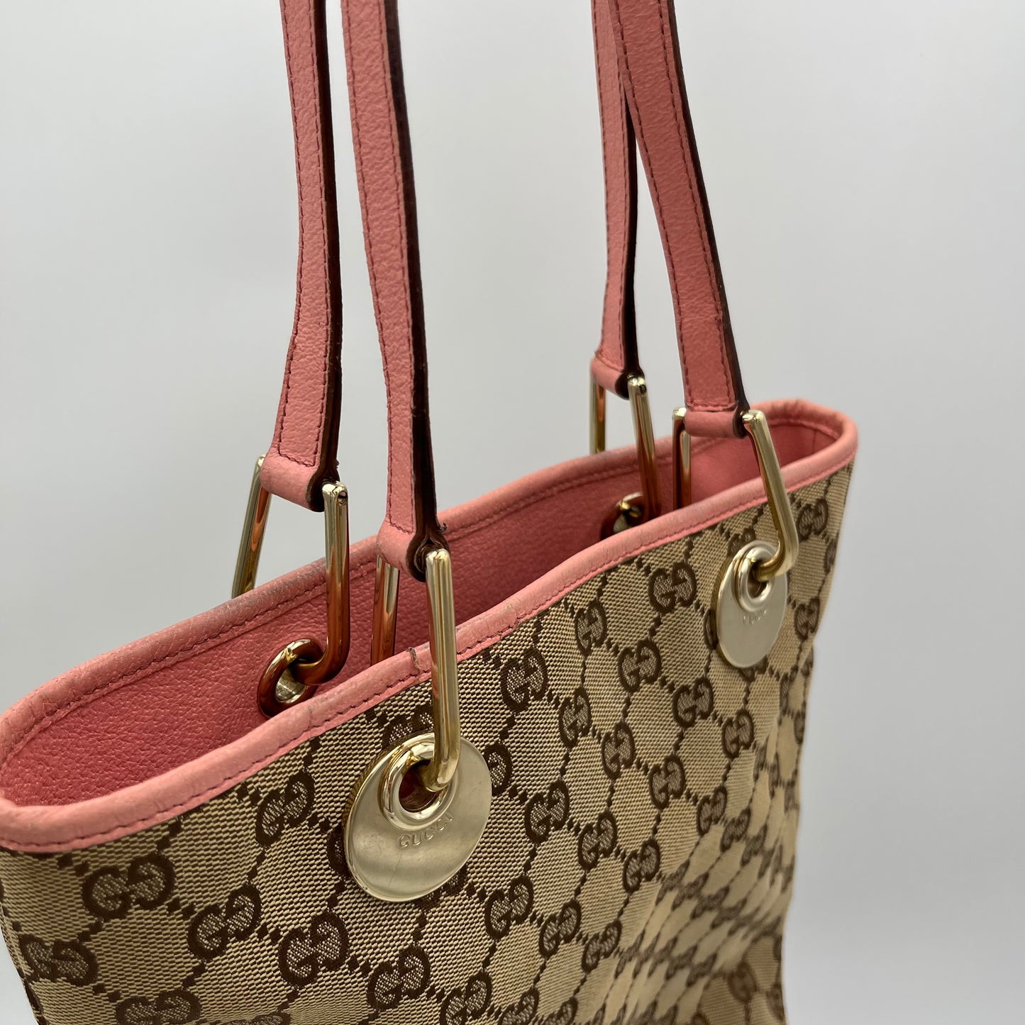 Gucci Beige Monogram Canvas Pink Leather Small Eclipse Tote