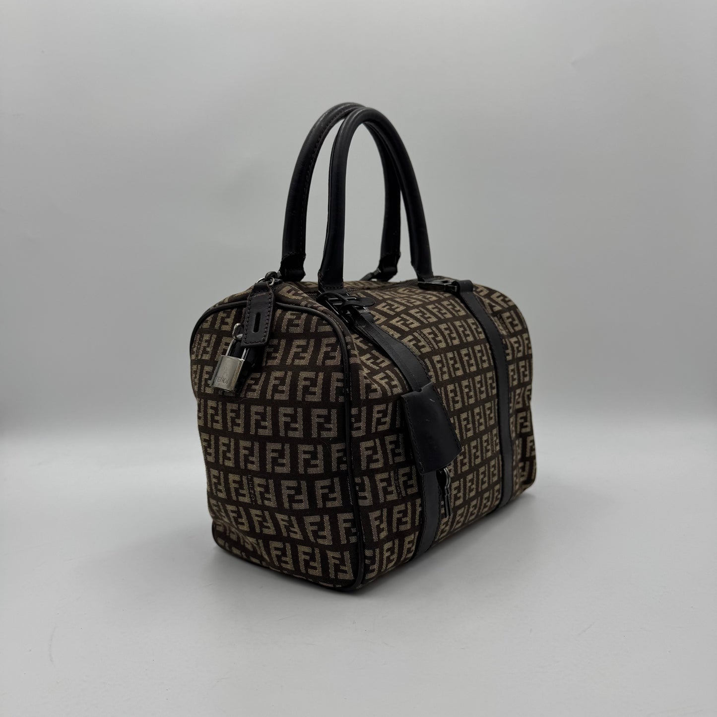Fendi Dark Brown Zucchino Canvas and Leather FF Boston 25