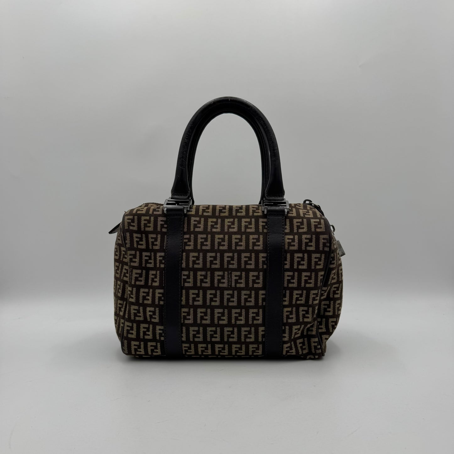 Fendi Dark Brown Zucchino Canvas and Leather FF Boston 25