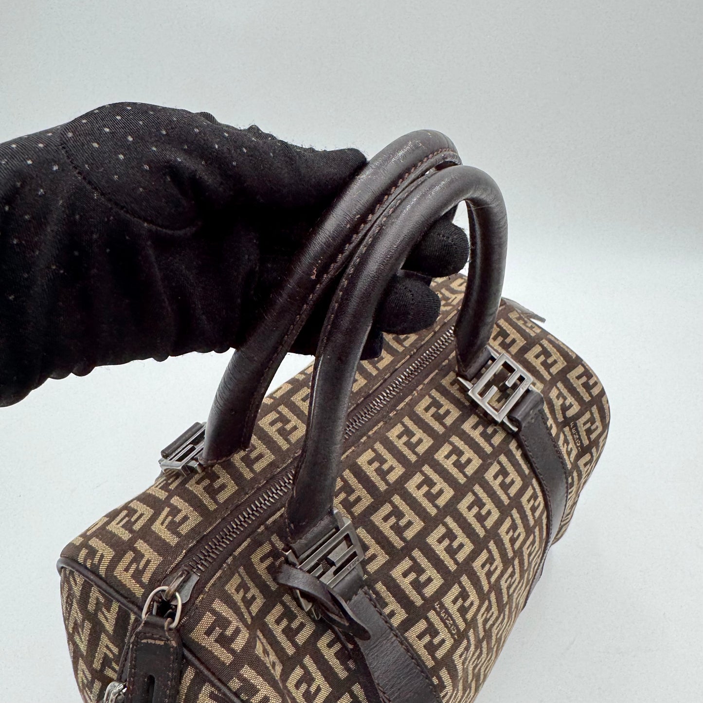 Fendi Dark Brown Zucchino Canvas and Leather FF Boston 25