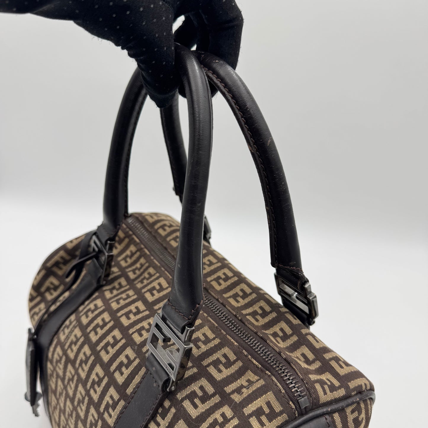 Fendi Dark Brown Zucchino Canvas and Leather FF Boston 25