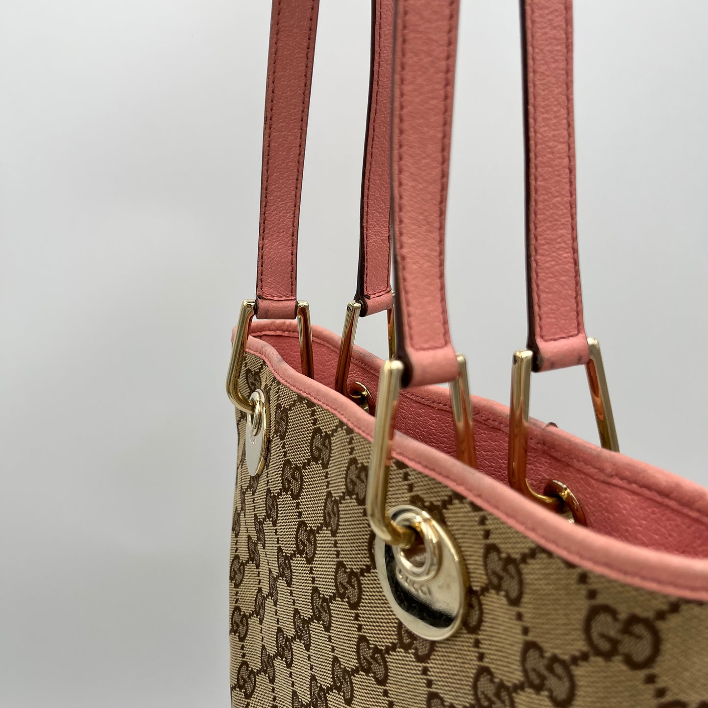 Gucci Beige Monogram Canvas Pink Leather Small Eclipse Tote