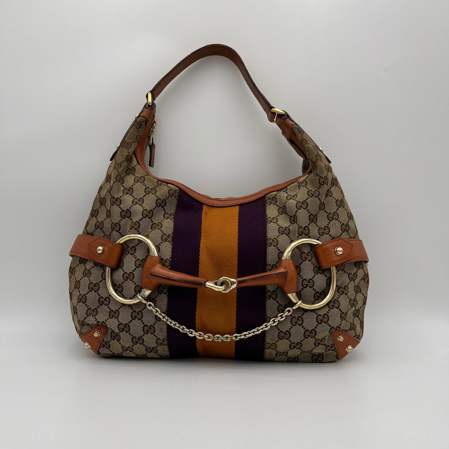 Gucci Monogram Canvas Orange and Purple Sherryline Horsebit Chain Large Hobo Bag