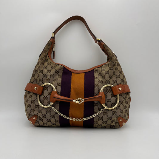 Gucci Monogram Canvas Orange and Purple Sherryline Horsebit Chain Large Hobo Bag
