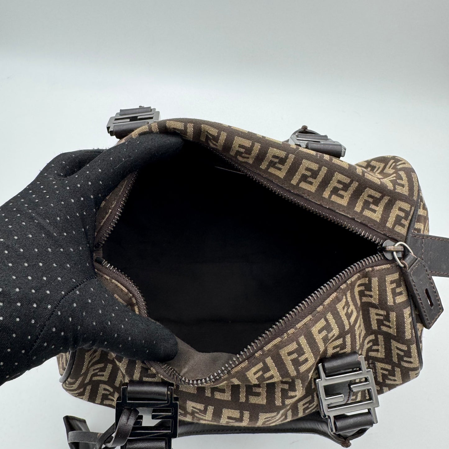 Fendi Dark Brown Zucchino Canvas and Leather FF Boston 25