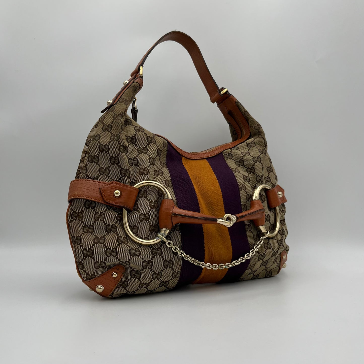 Gucci Monogram Canvas Orange and Purple Sherryline Horsebit Chain Large Hobo Bag