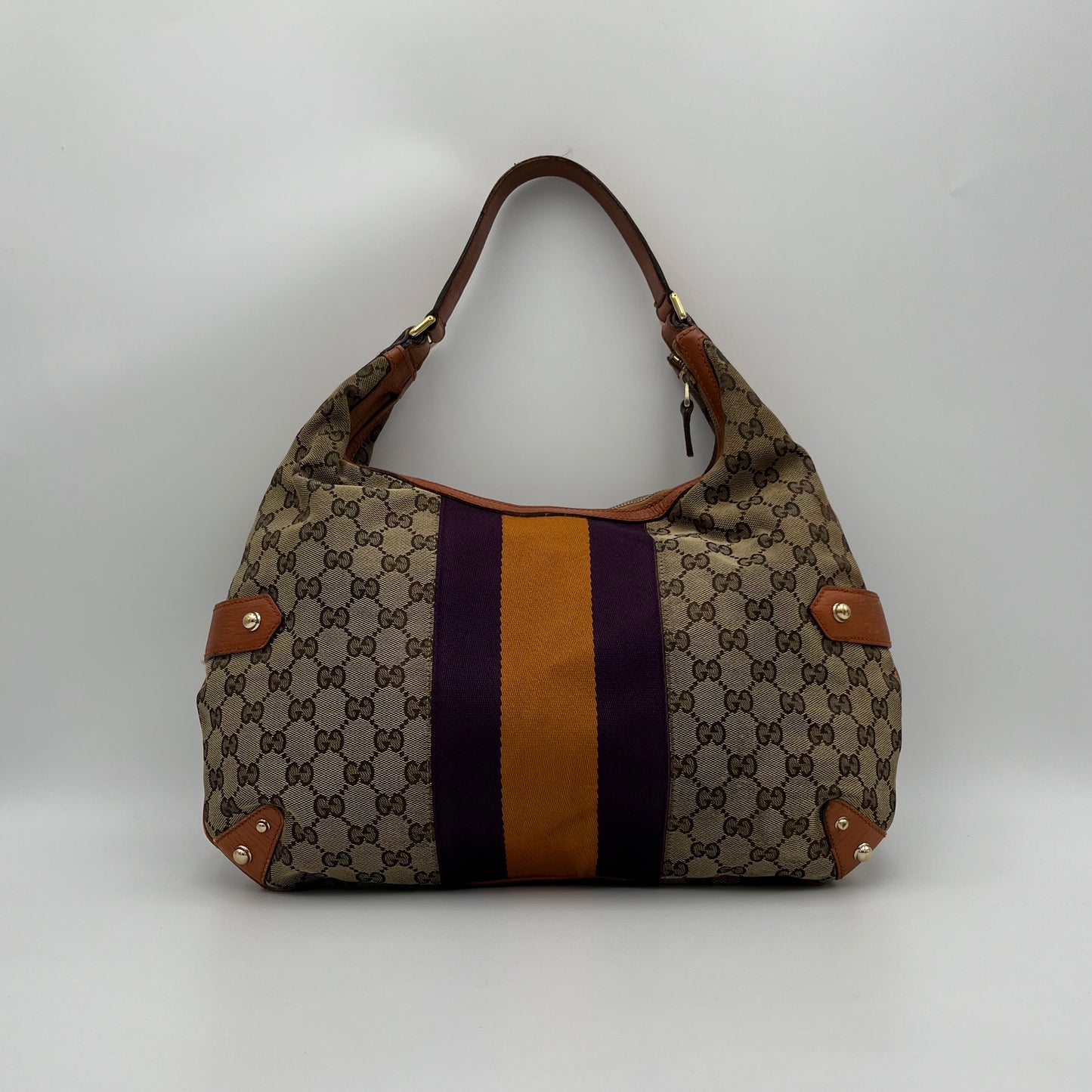 Gucci Monogram Canvas Orange and Purple Sherryline Horsebit Chain Large Hobo Bag