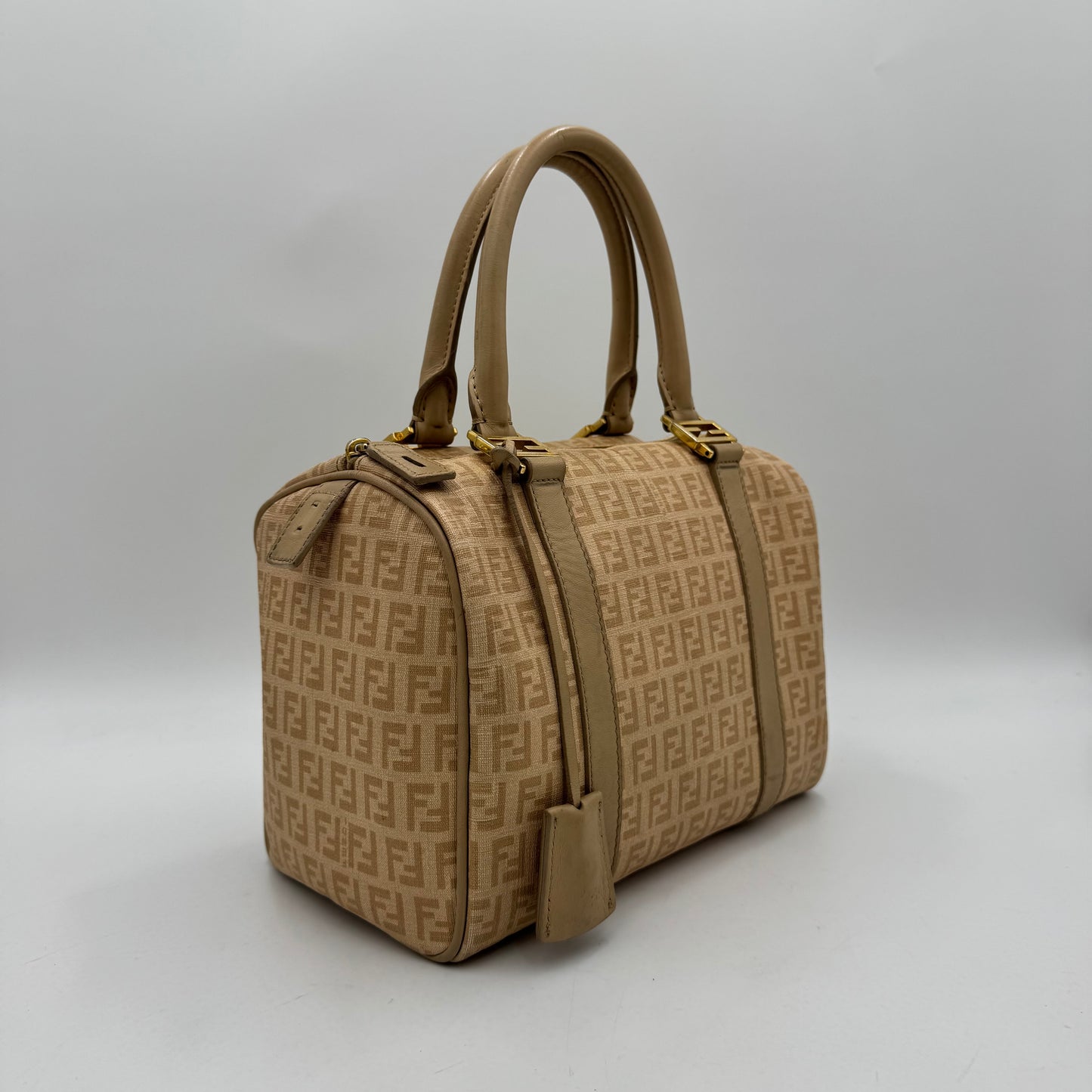 Fendi Beige Zucchino Coated Canvas FF Forever Boston