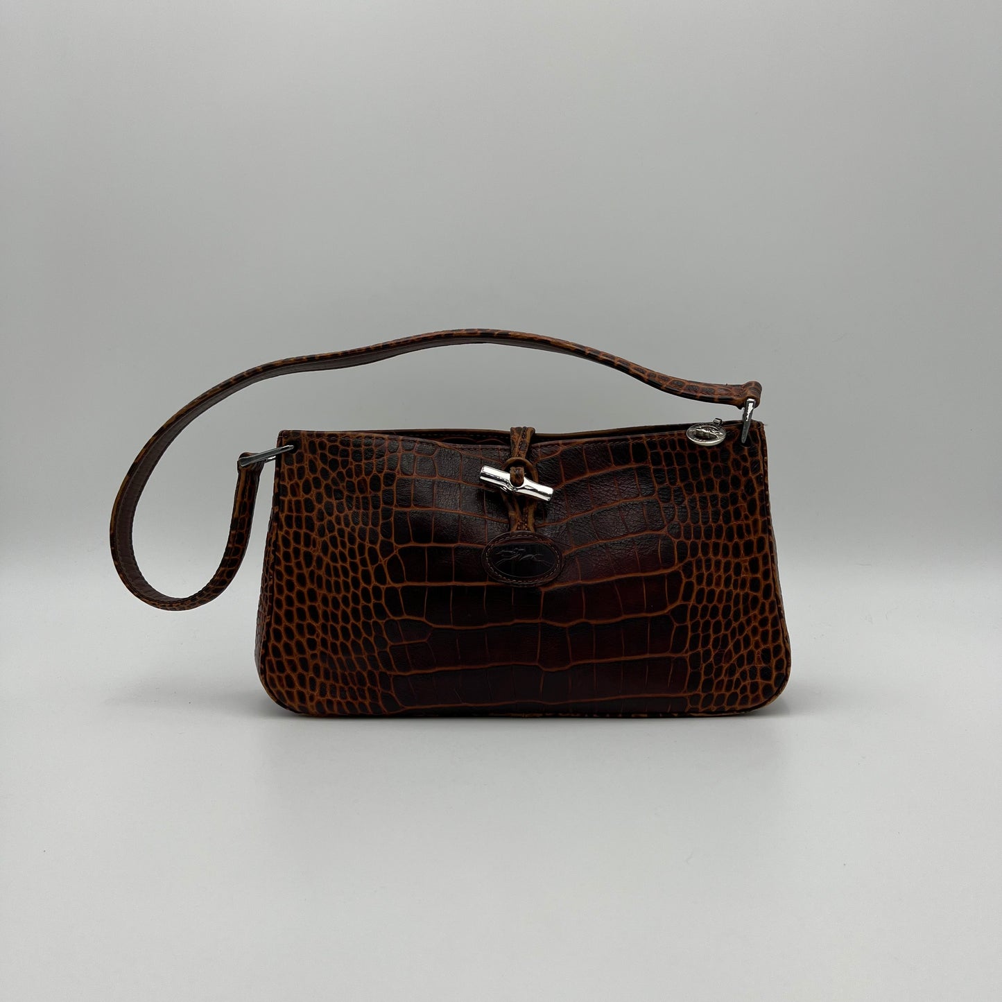 Longchamp Brown Roseau Croc Embossed Shoulder Bag