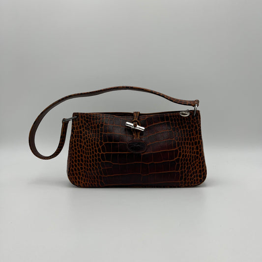 Longchamp Brown Roseau Croc Embossed Shoulder Bag