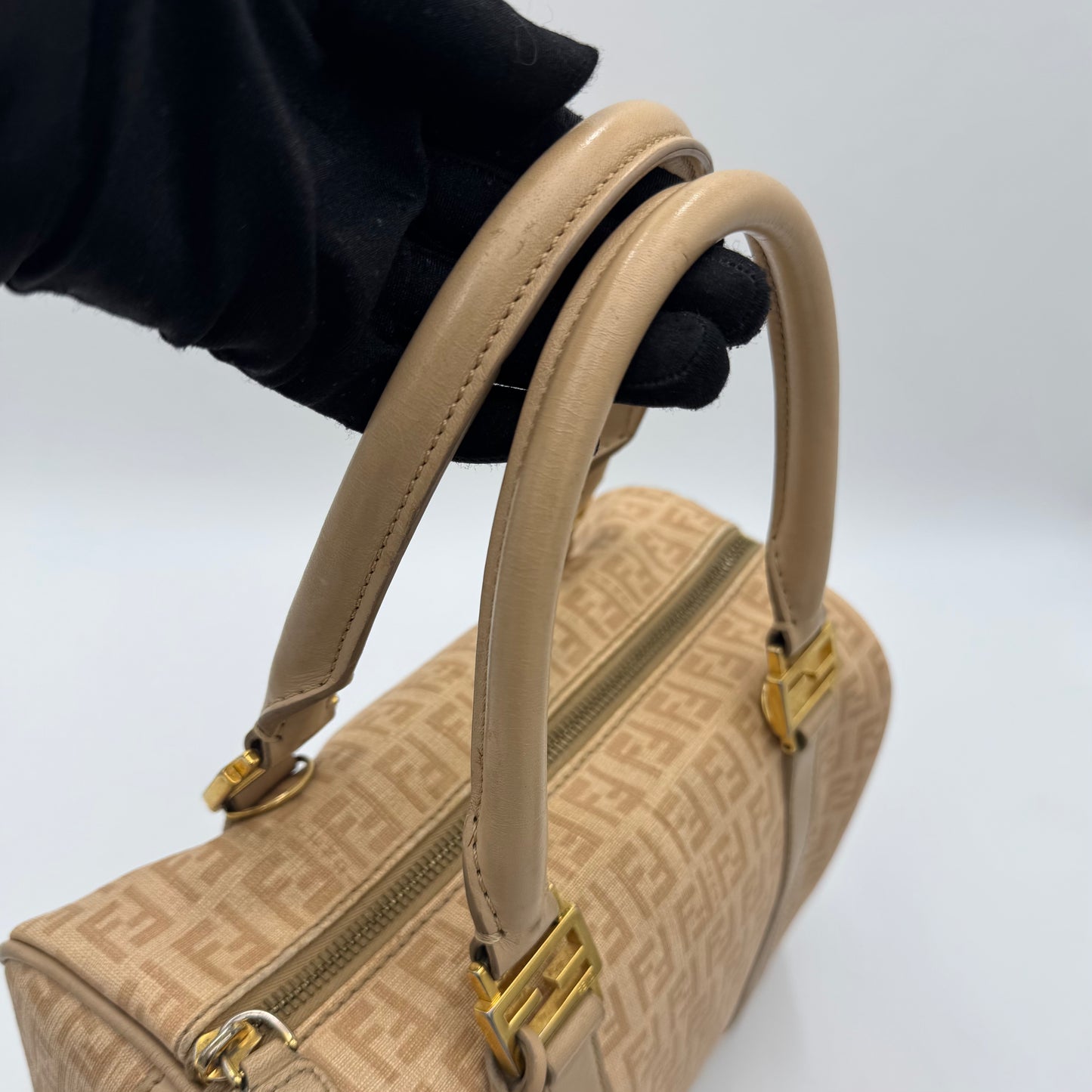 Fendi Beige Zucchino Coated Canvas FF Forever Boston