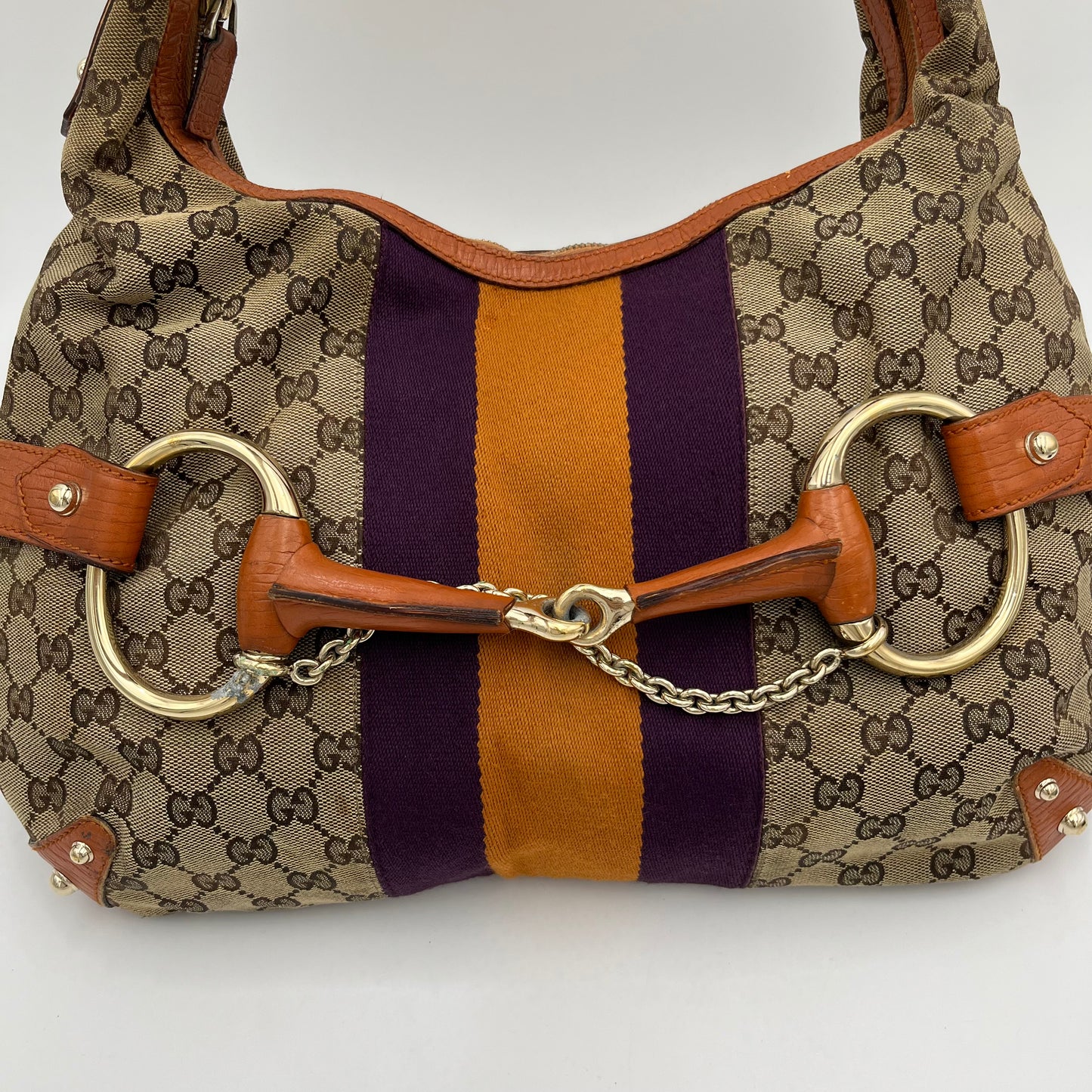 Gucci Monogram Canvas Orange and Purple Sherryline Horsebit Chain Large Hobo Bag