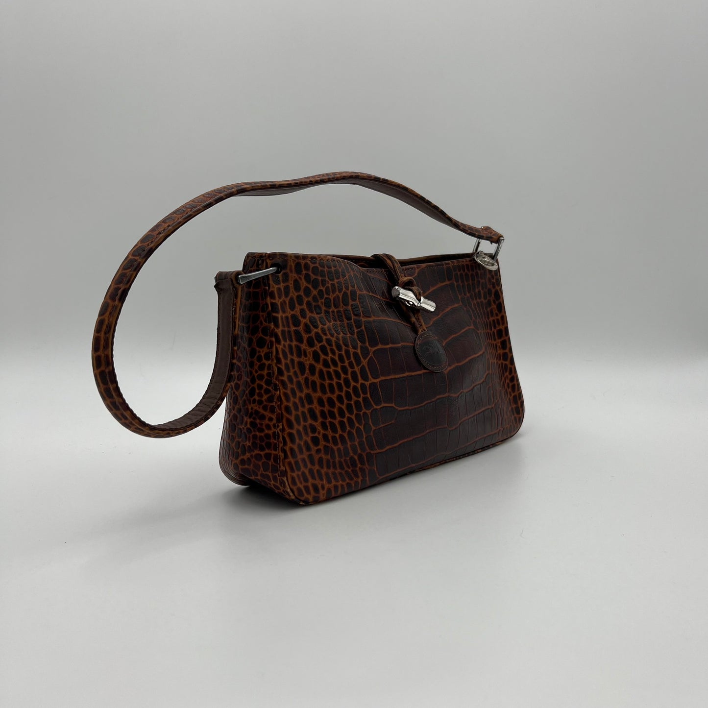 Longchamp Brown Roseau Croc Embossed Shoulder Bag