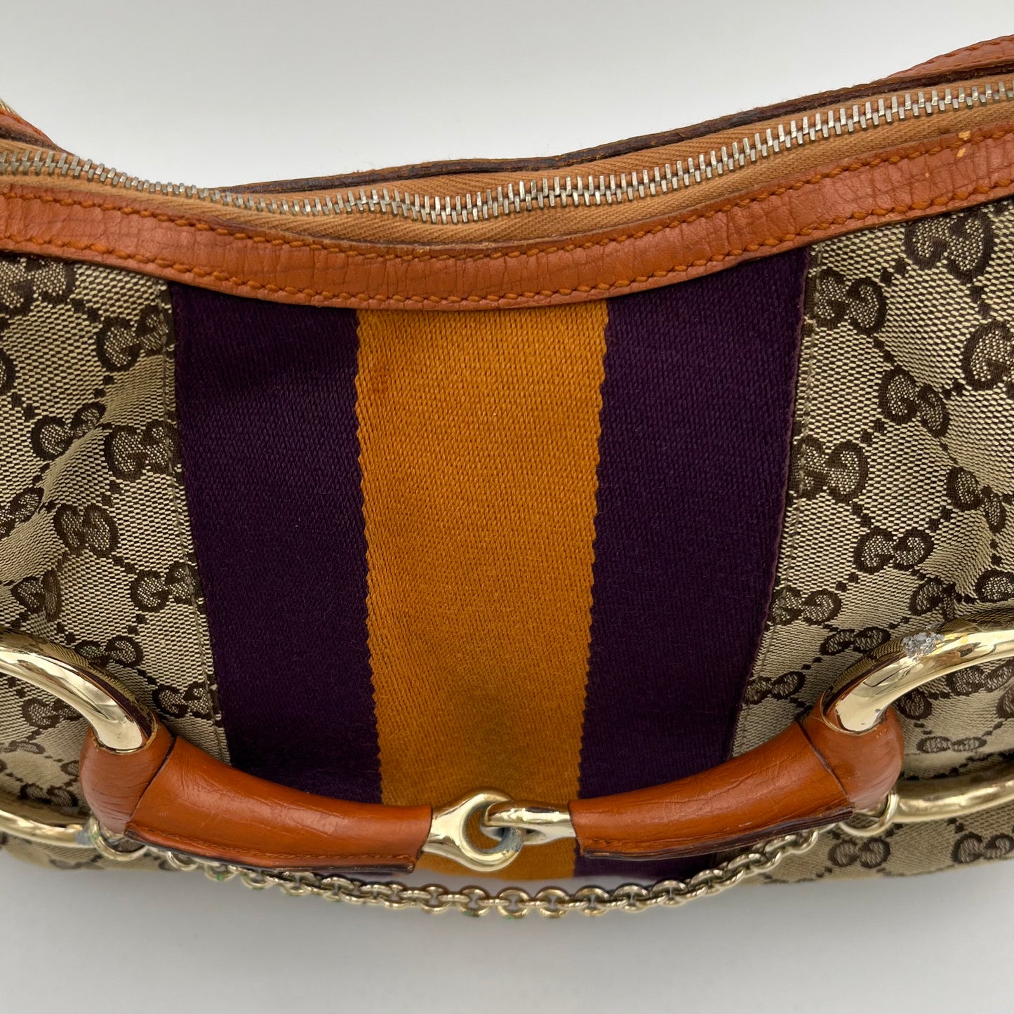 Gucci Monogram Canvas Orange and Purple Sherryline Horsebit Chain Large Hobo Bag