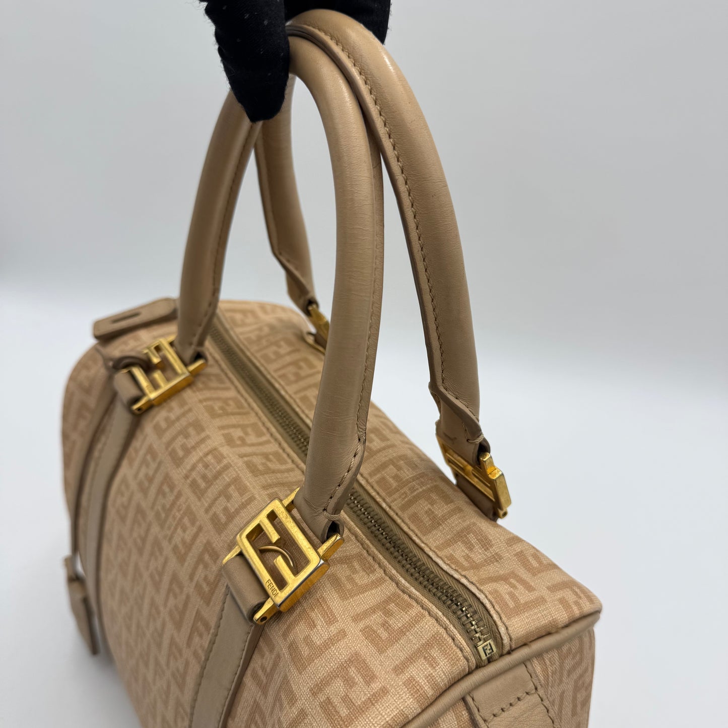Fendi Beige Zucchino Coated Canvas FF Forever Boston