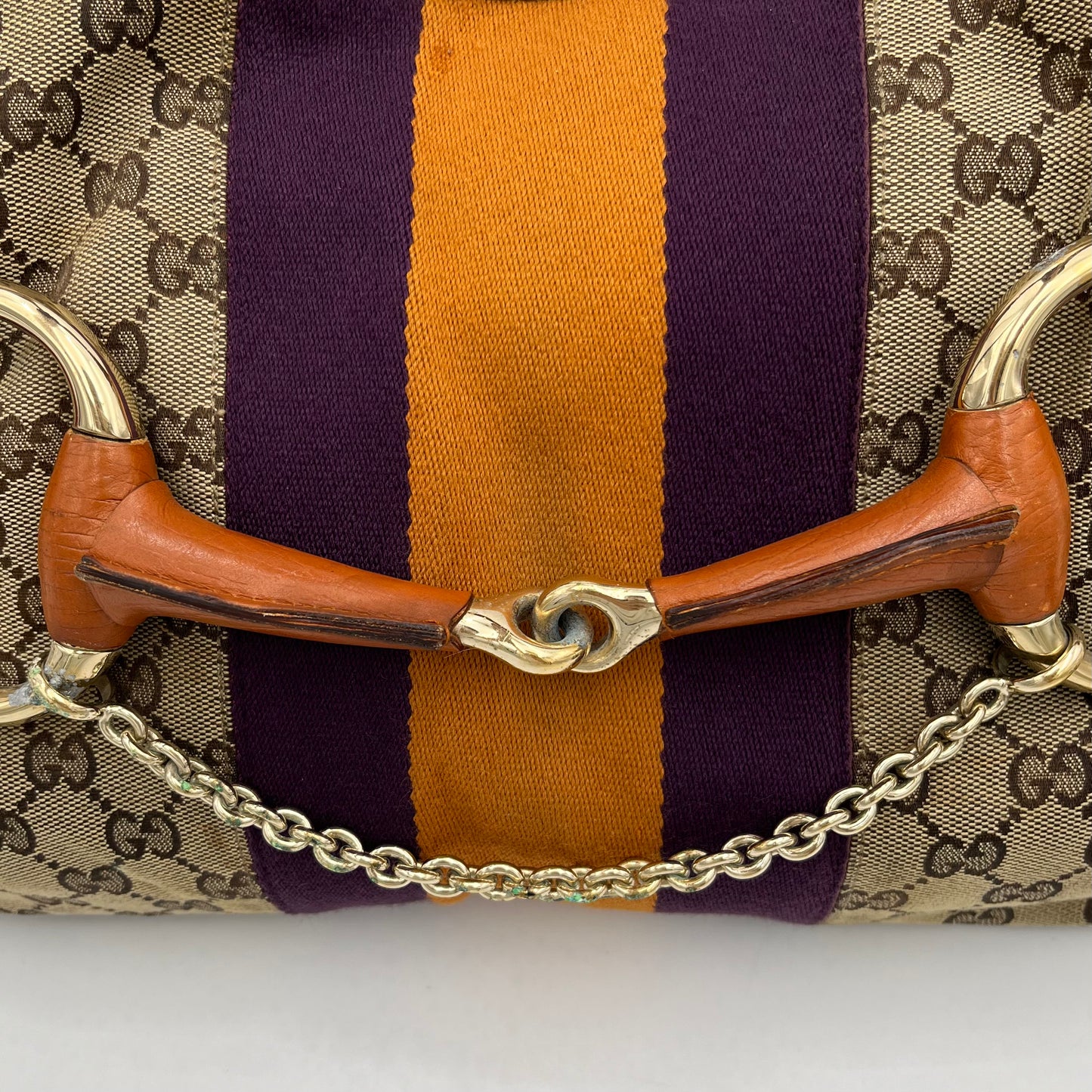Gucci Monogram Canvas Orange and Purple Sherryline Horsebit Chain Large Hobo Bag