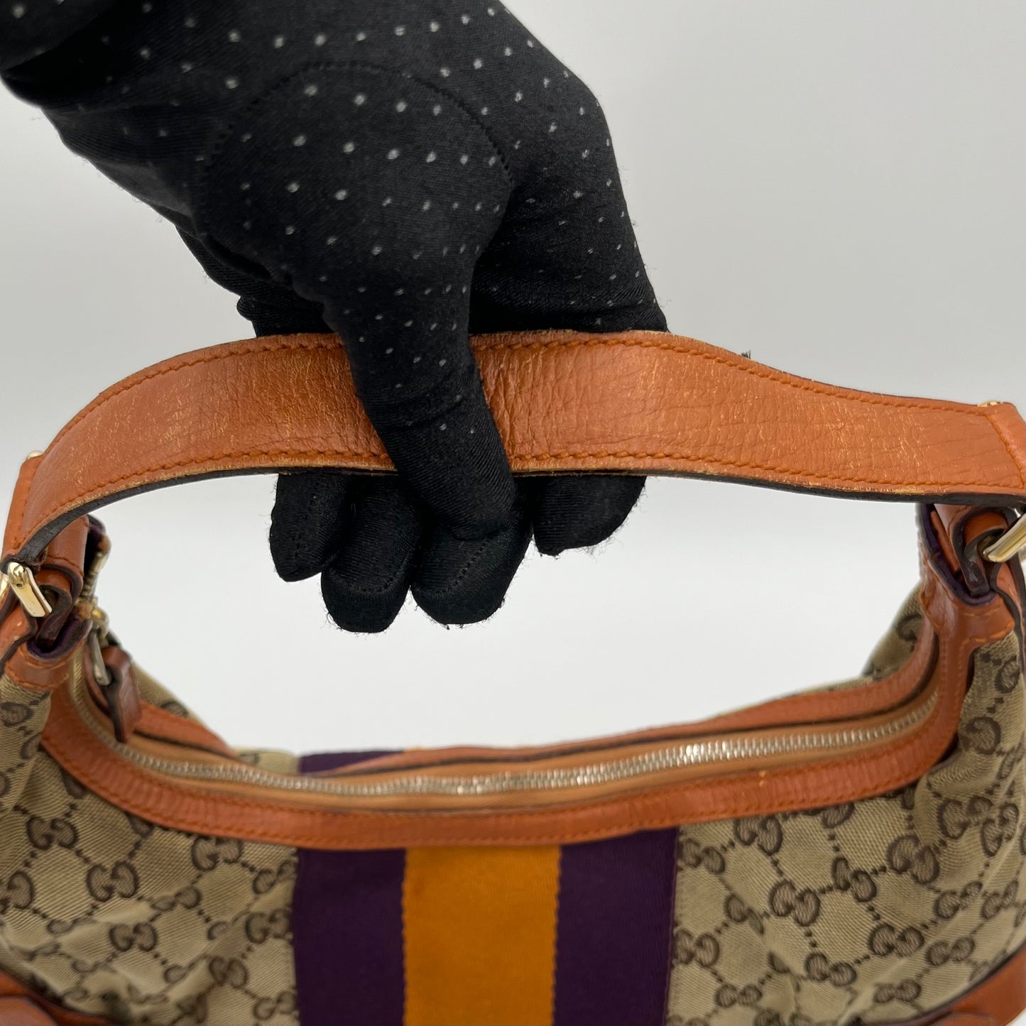 Gucci Monogram Canvas Orange and Purple Sherryline Horsebit Chain Large Hobo Bag