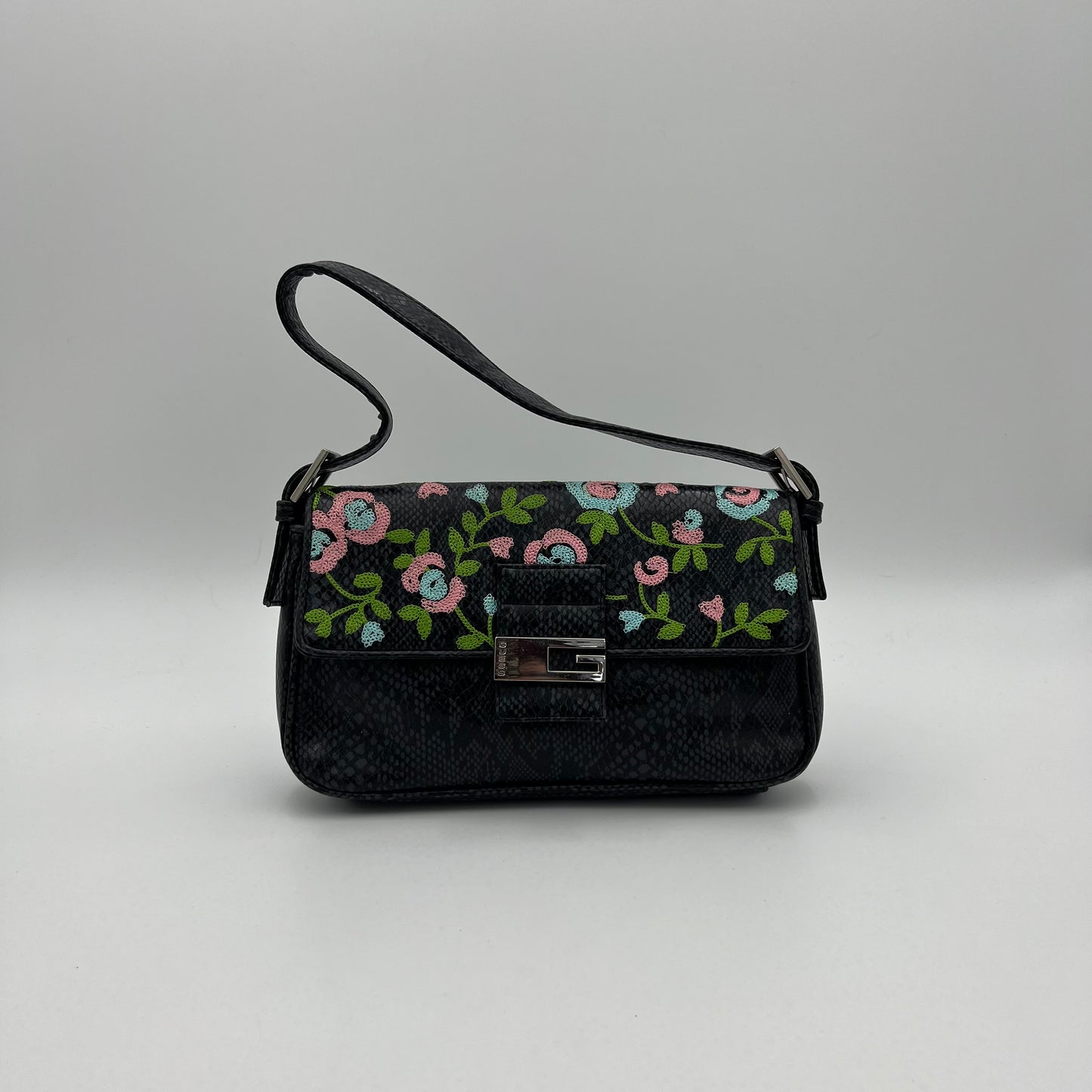 Guess Vintage Floral Embroidered Snakeprint Baguette