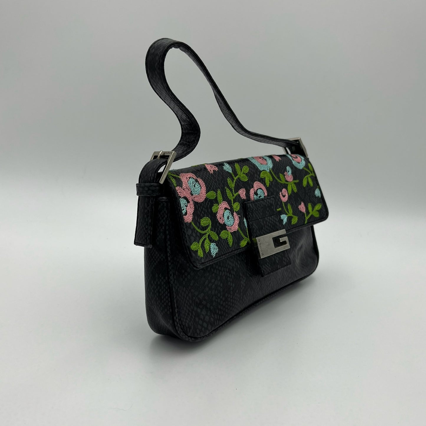 Guess Vintage Floral Embroidered Snakeprint Baguette