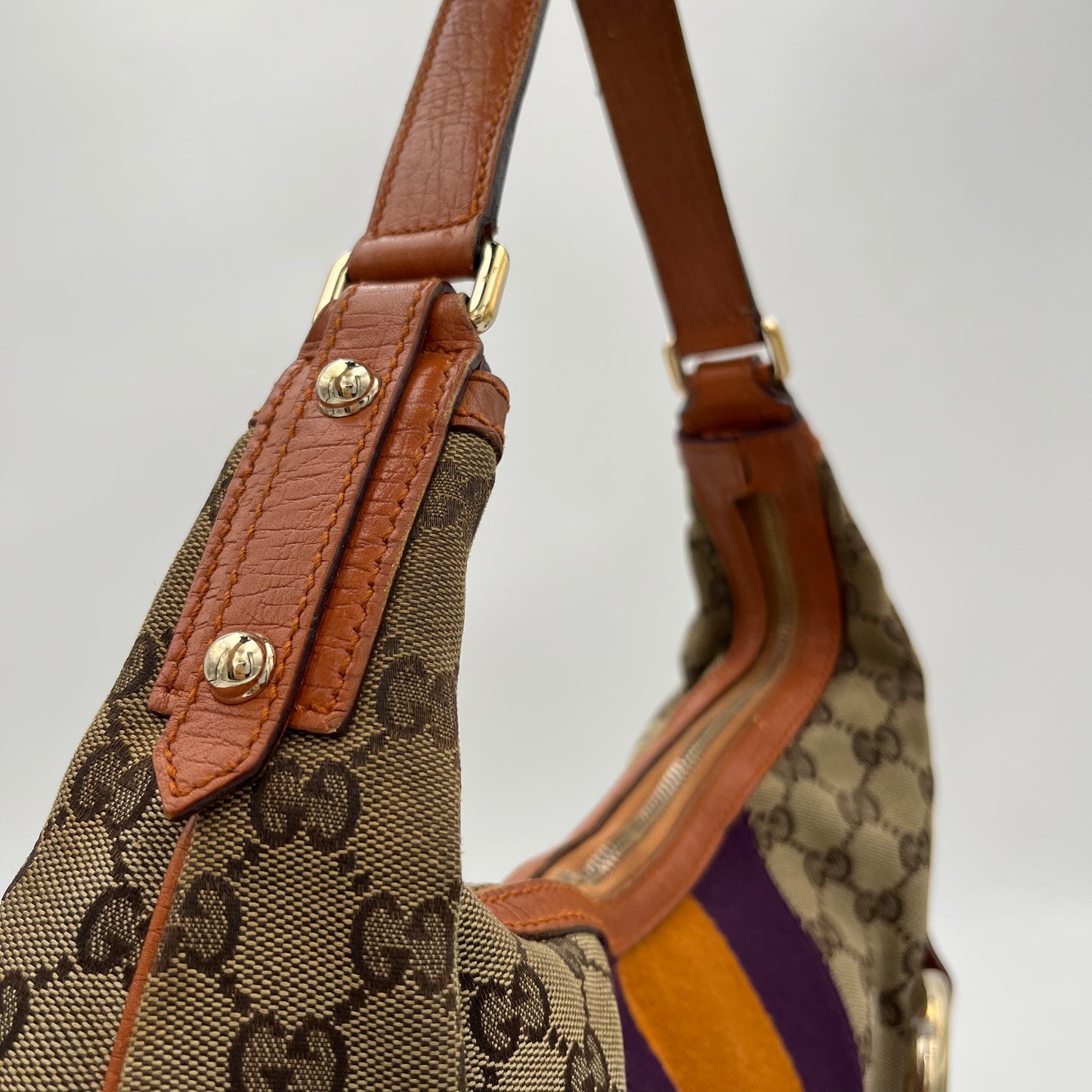 Gucci Monogram Canvas Orange and Purple Sherryline Horsebit Chain Large Hobo Bag