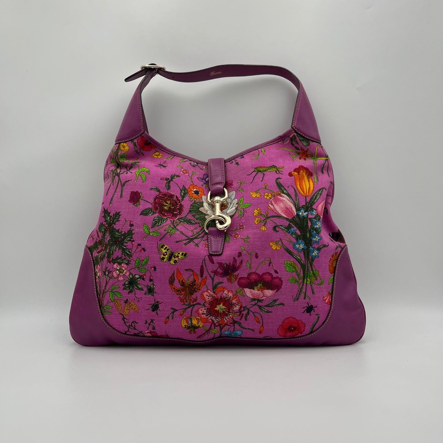 Gucci Purple Pink Floral Canvas and Leather Jackie Hobo Shoulder Bag