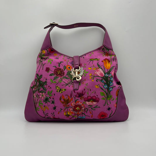 Gucci Purple Pink Floral Canvas and Leather Jackie Hobo Shoulder Bag