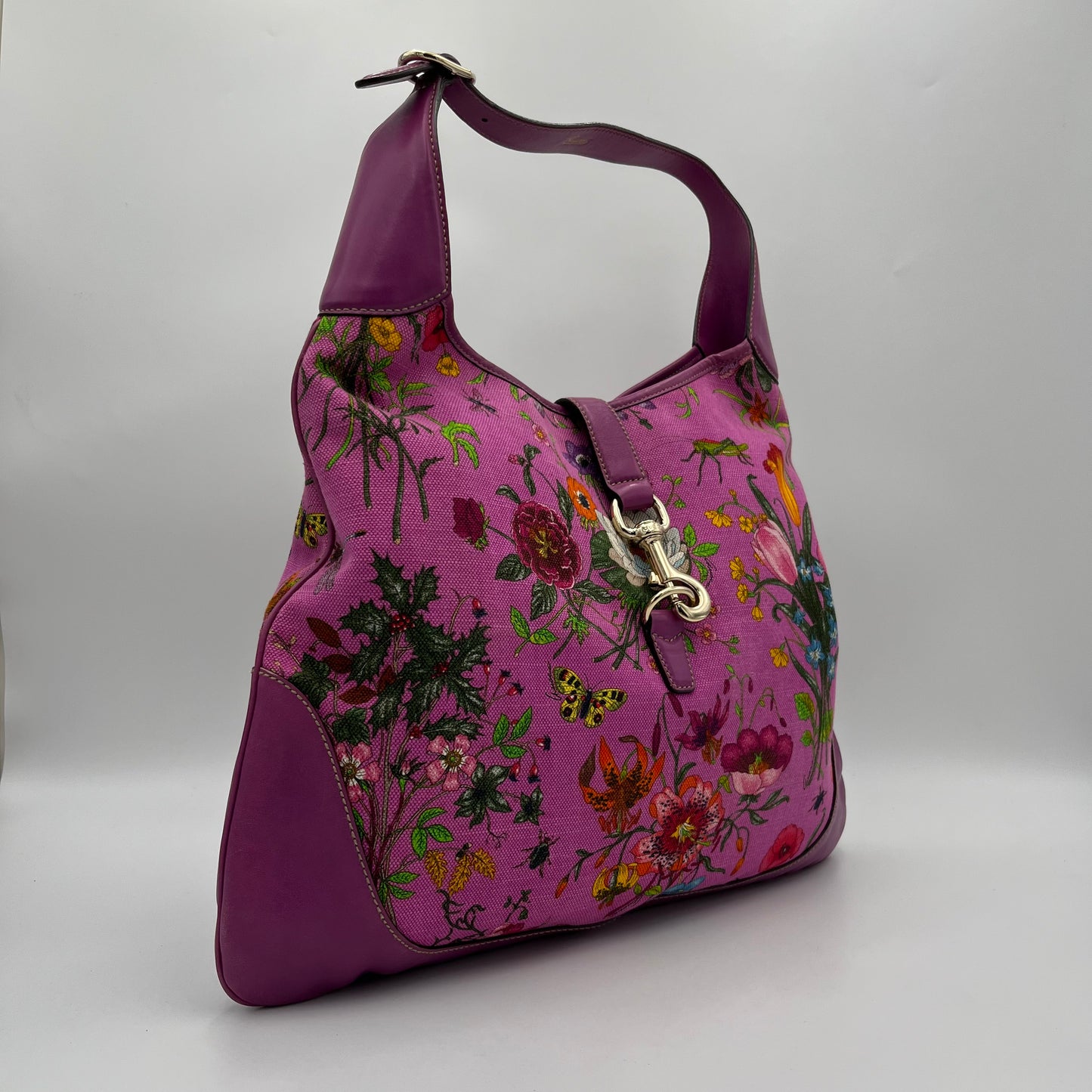 Gucci Purple Pink Floral Canvas and Leather Jackie Hobo Shoulder Bag