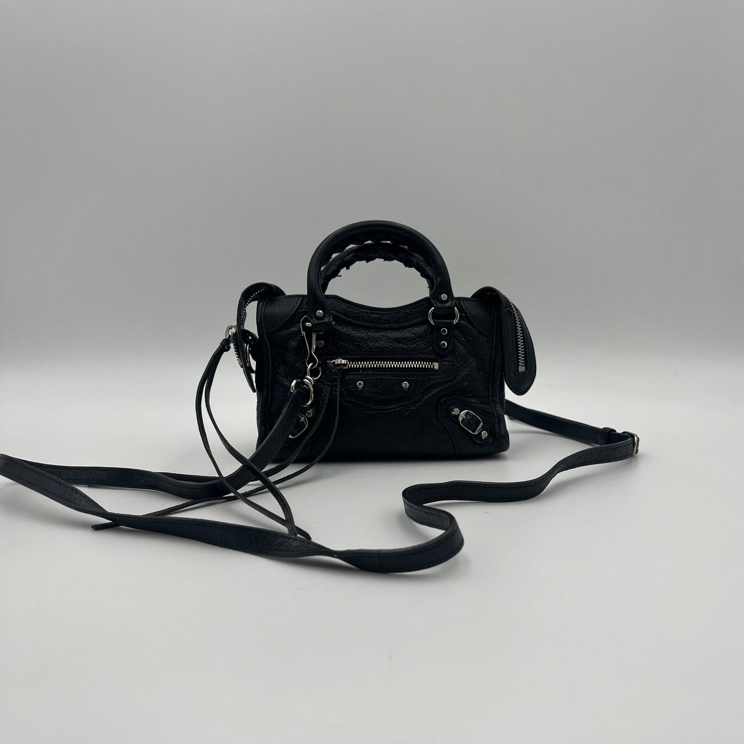 Balenciaga Black Leather Metallic Hardware Classic Nano City SHW