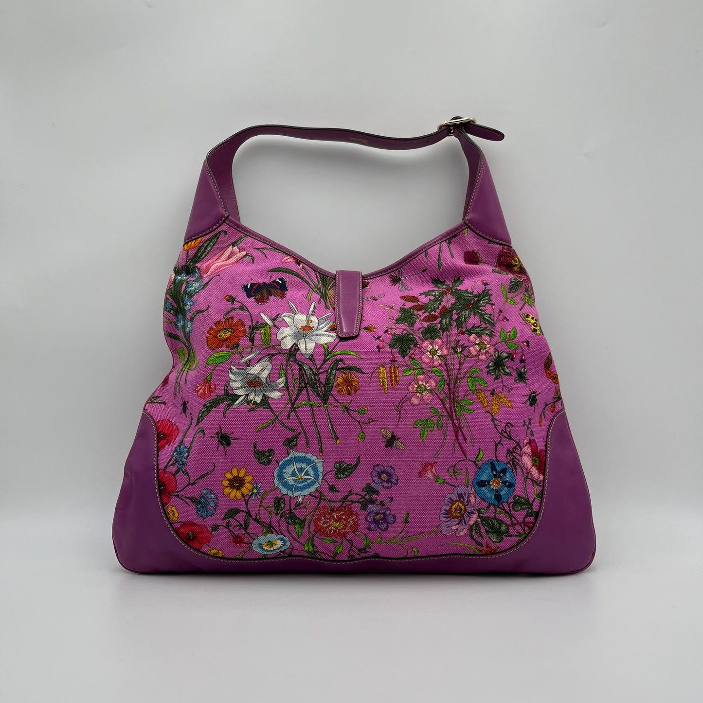 Gucci Purple Pink Floral Canvas and Leather Jackie Hobo Shoulder Bag