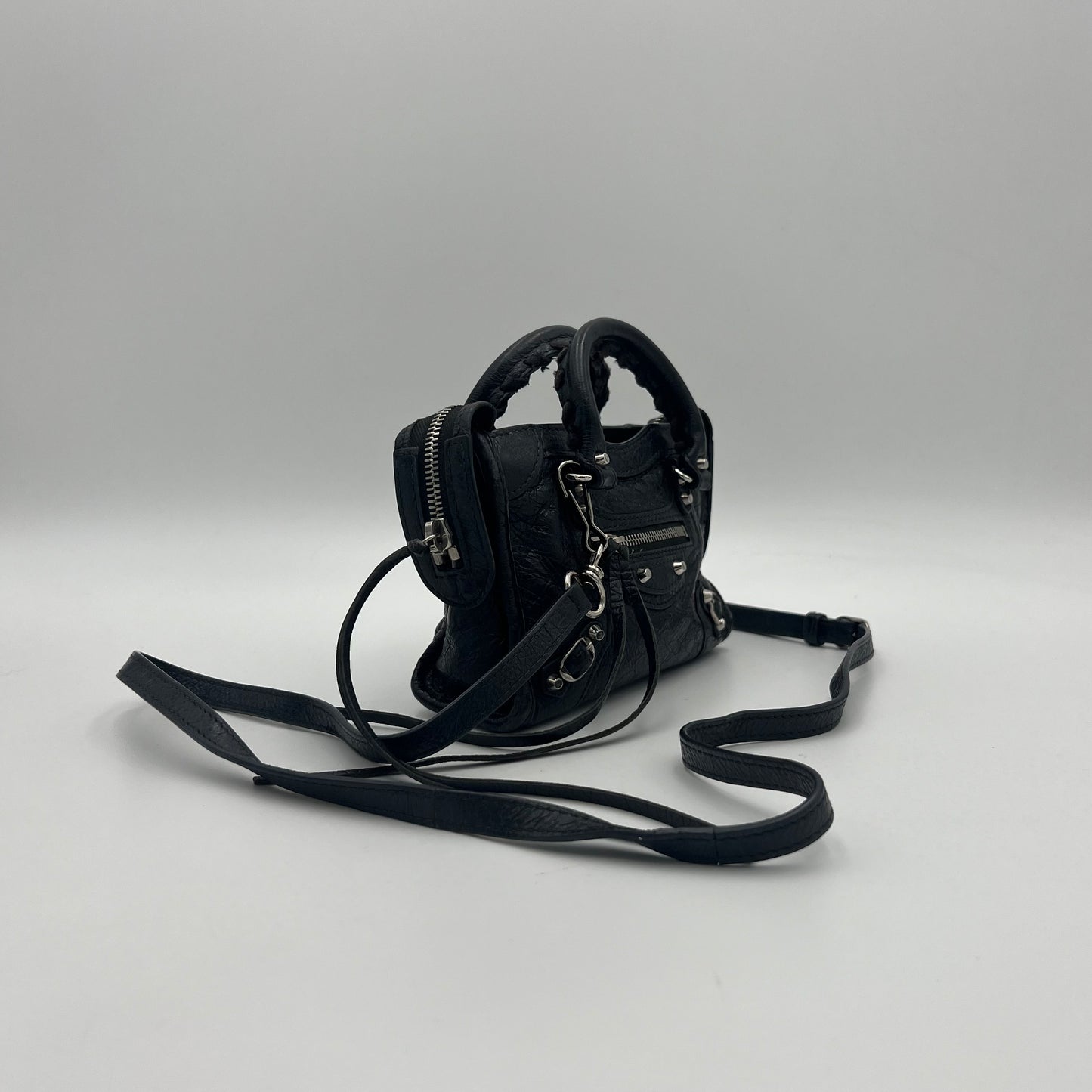 Balenciaga Black Leather Metallic Hardware Classic Nano City SHW