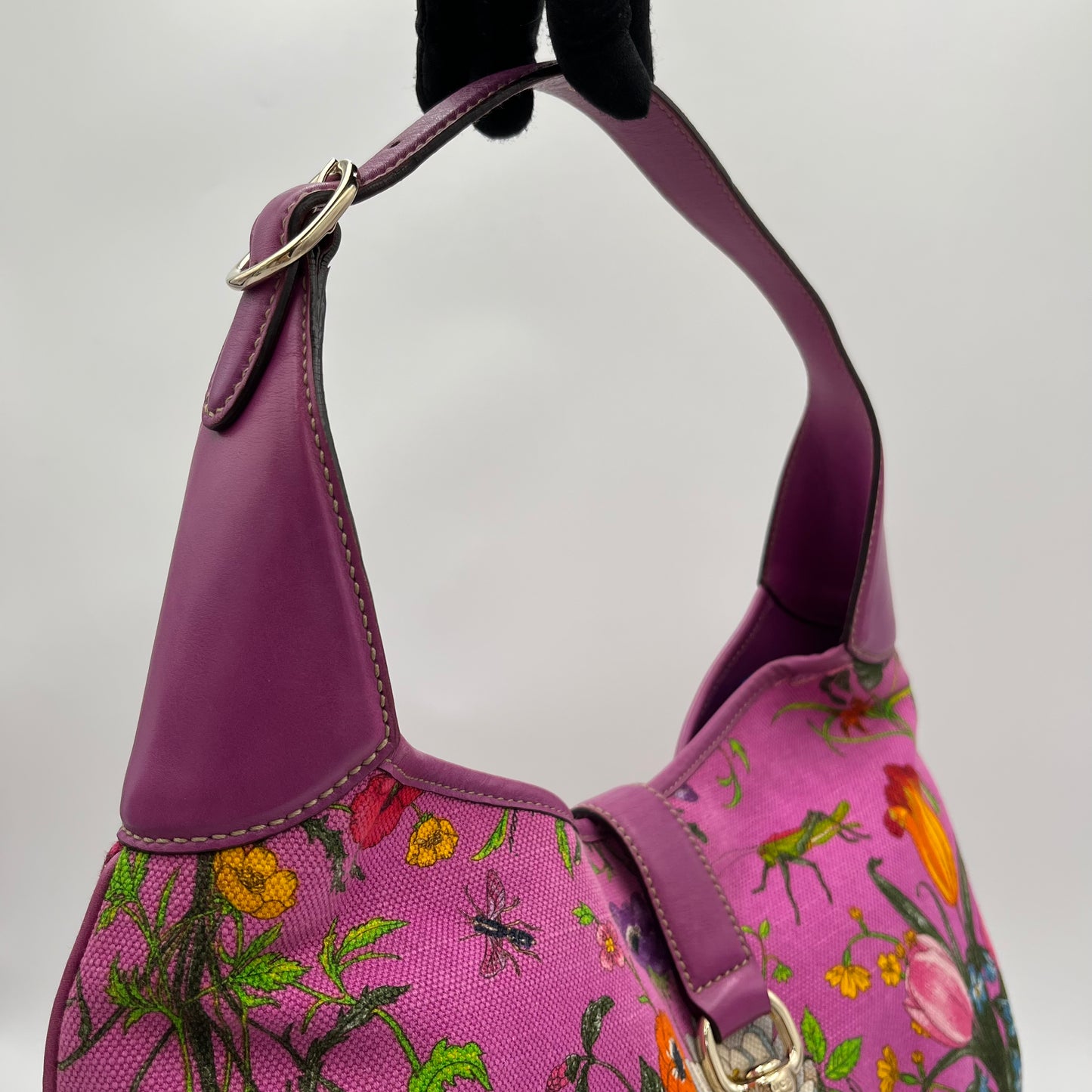 Gucci Purple Pink Floral Canvas and Leather Jackie Hobo Shoulder Bag