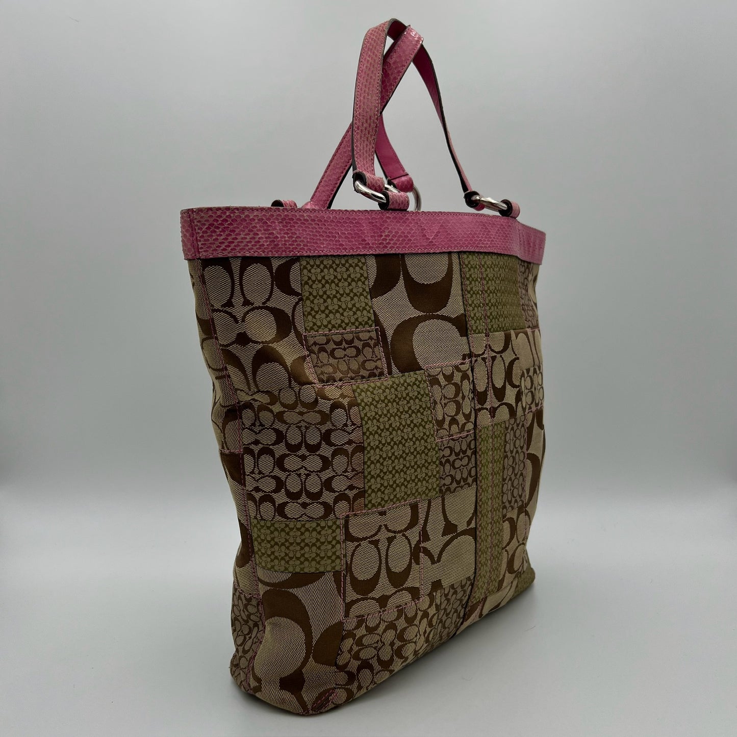 Coach Signature Canvas Patchwork Pink Snakeskin Tote