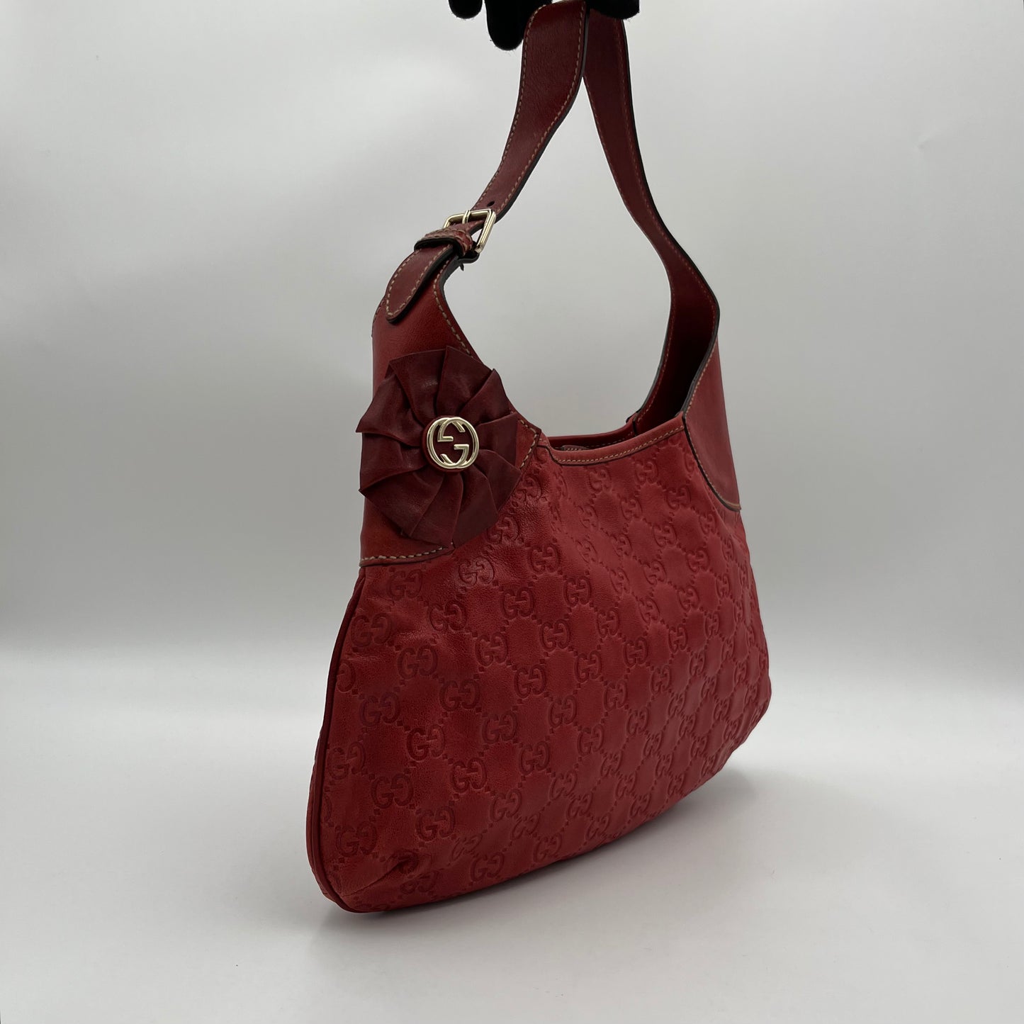 Gucci Red Guccissima Leather GG Flower Hobo Bag
