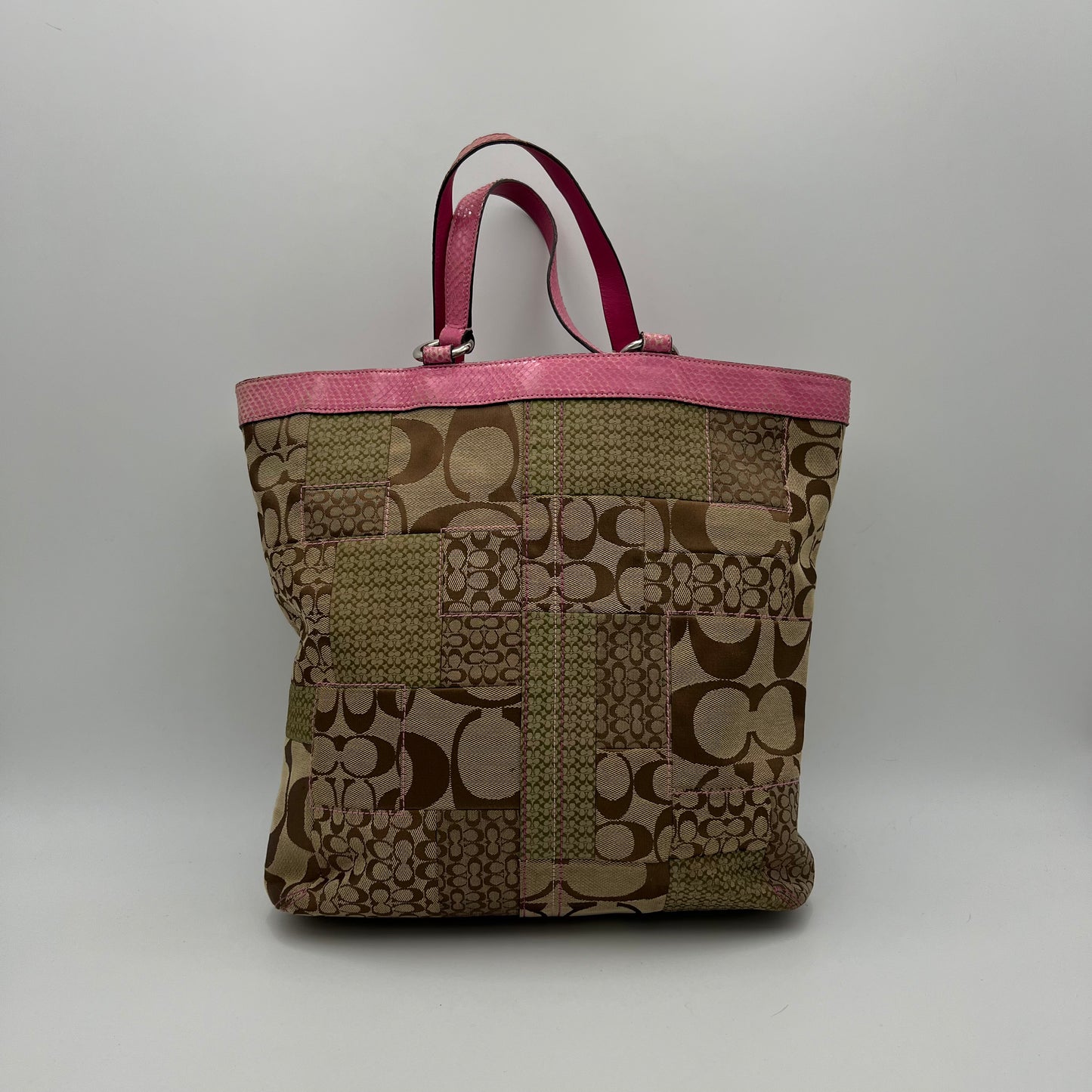 Coach Signature Canvas Patchwork Pink Snakeskin Tote