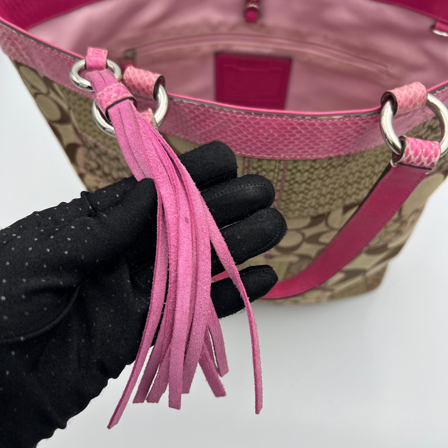 Coach Signature Canvas Patchwork Pink Snakeskin Tote