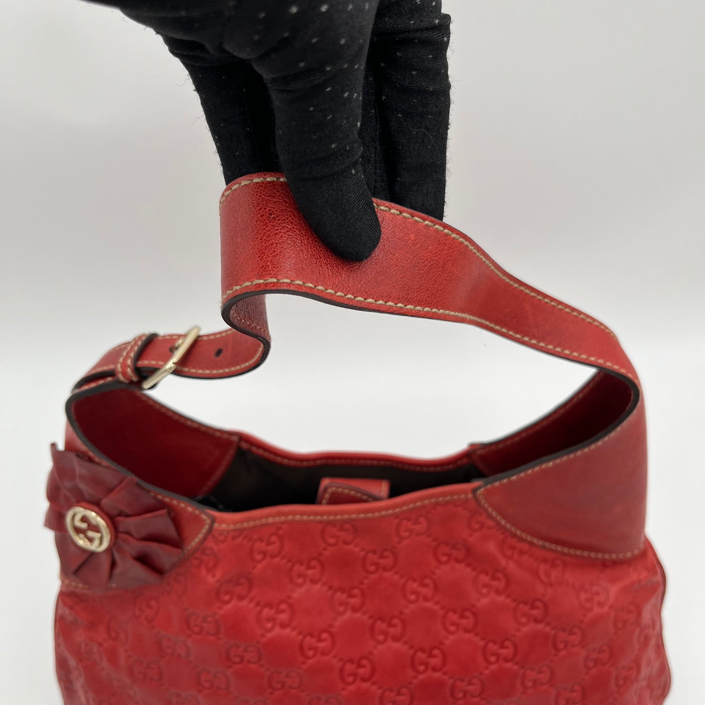 Gucci Red Guccissima Leather GG Flower Hobo Bag