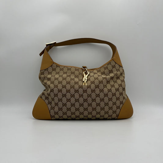 Gucci Beige Monogram Canvas Tan Leather Jackie