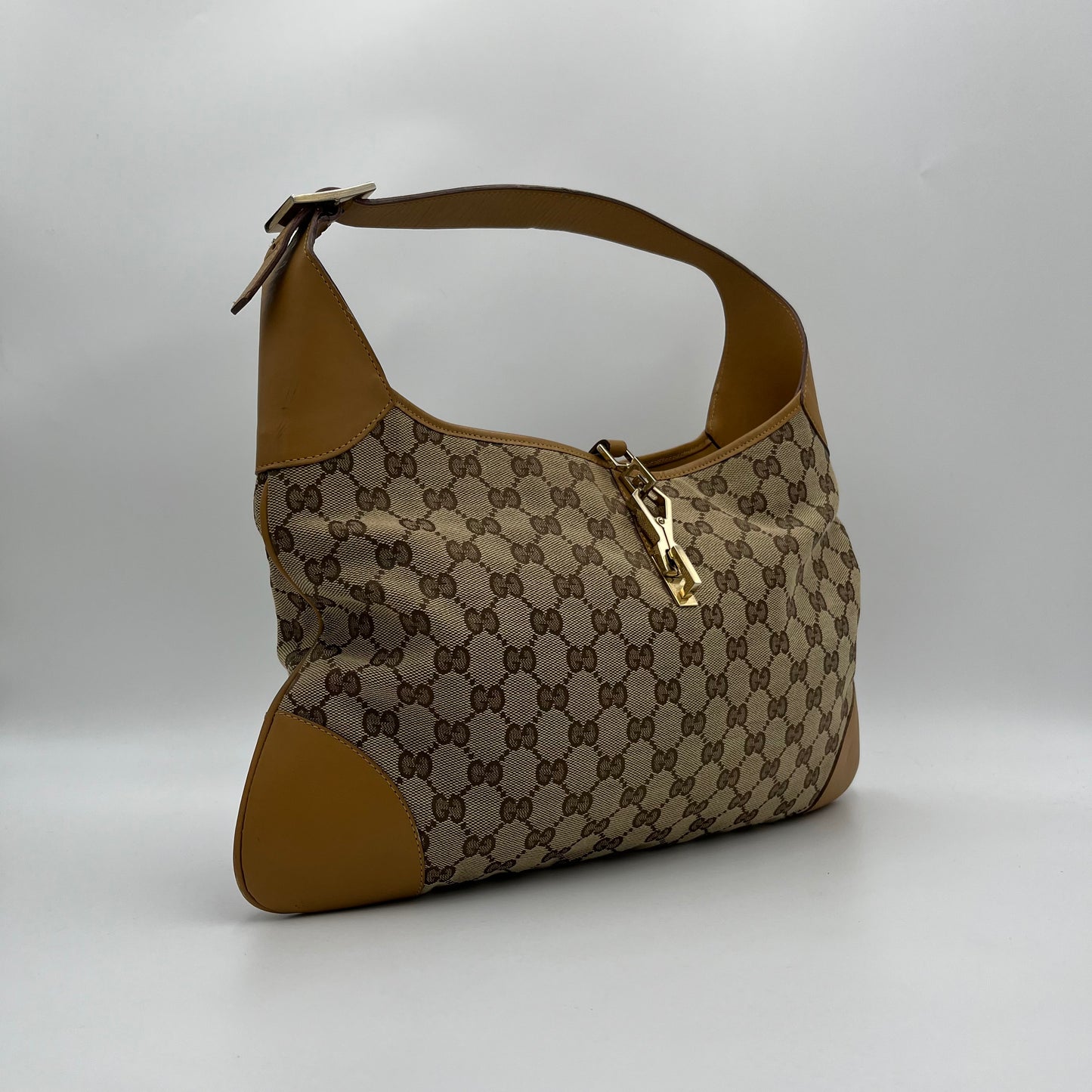 Gucci Beige Monogram Canvas Tan Leather Jackie