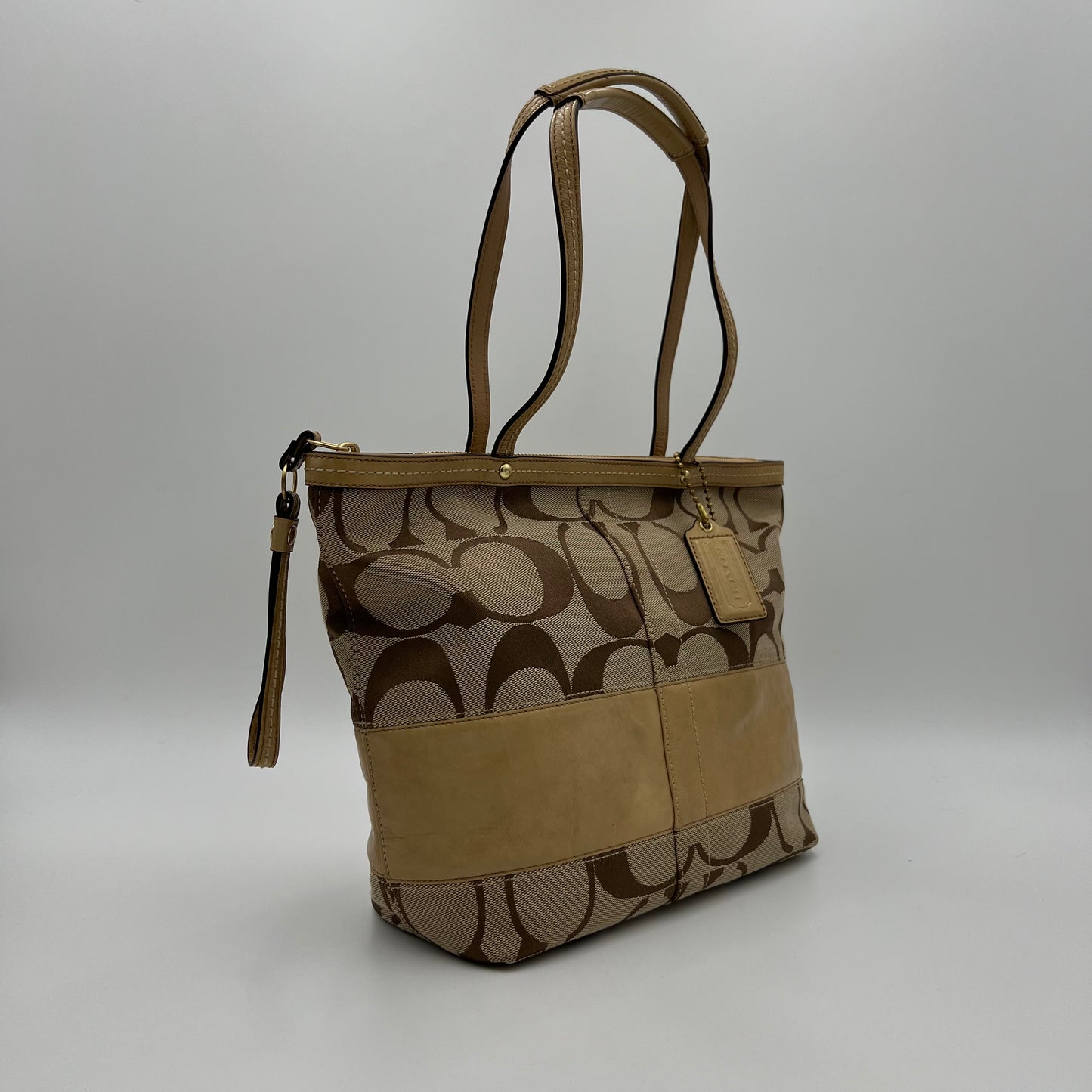 Coach Signature Canvas Khaki Stripe Small Zip Tote