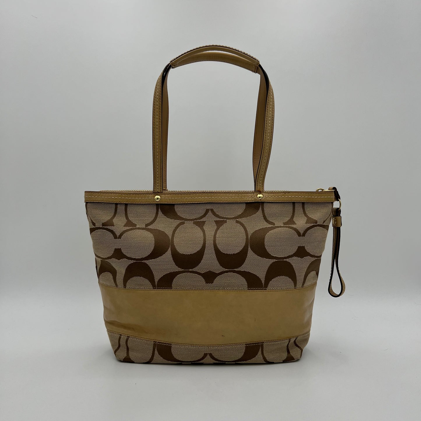 Coach Signature Canvas Khaki Stripe Small Zip Tote
