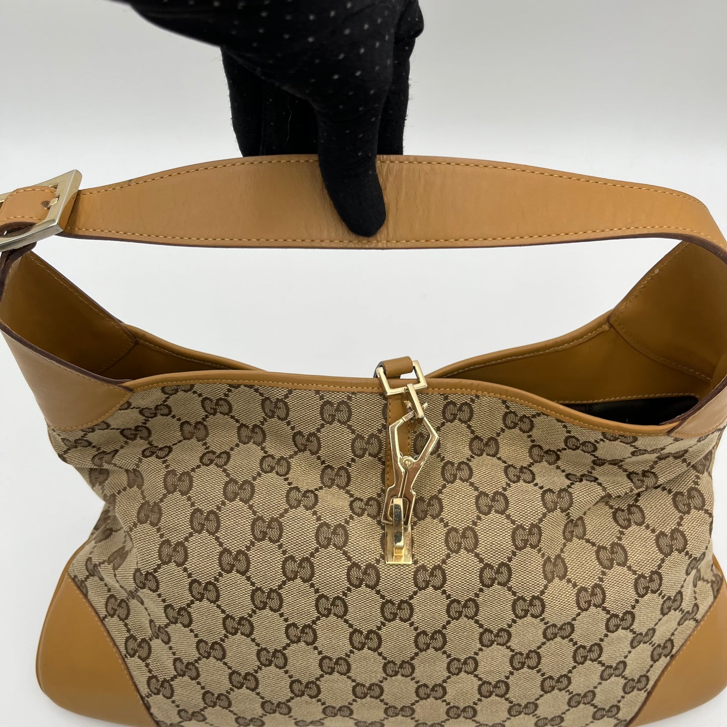 Gucci Beige Monogram Canvas Tan Leather Jackie