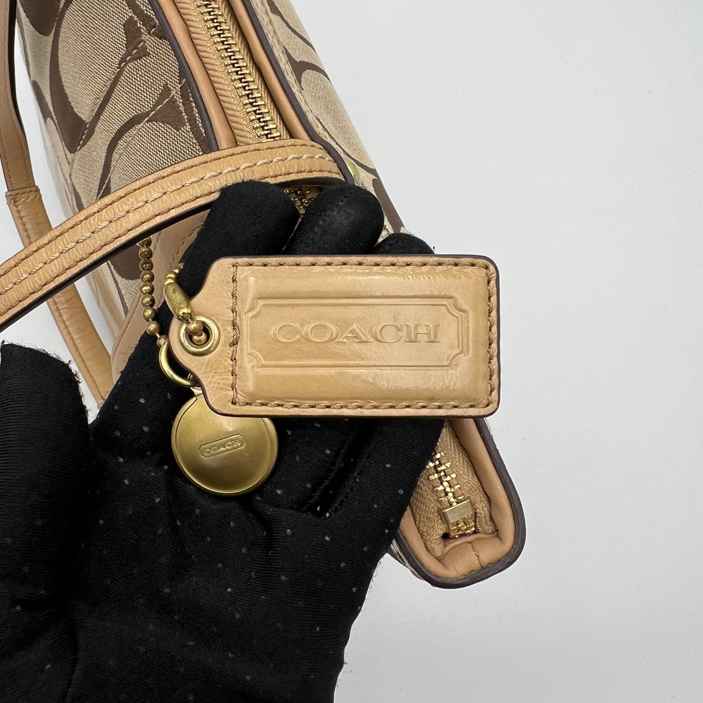 Coach Signature Canvas Khaki Stripe Small Zip Tote