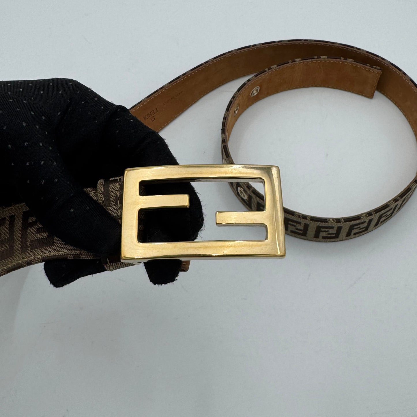 Fendi Brown Zucchino Canvas amd Leather FF Buckle Belt