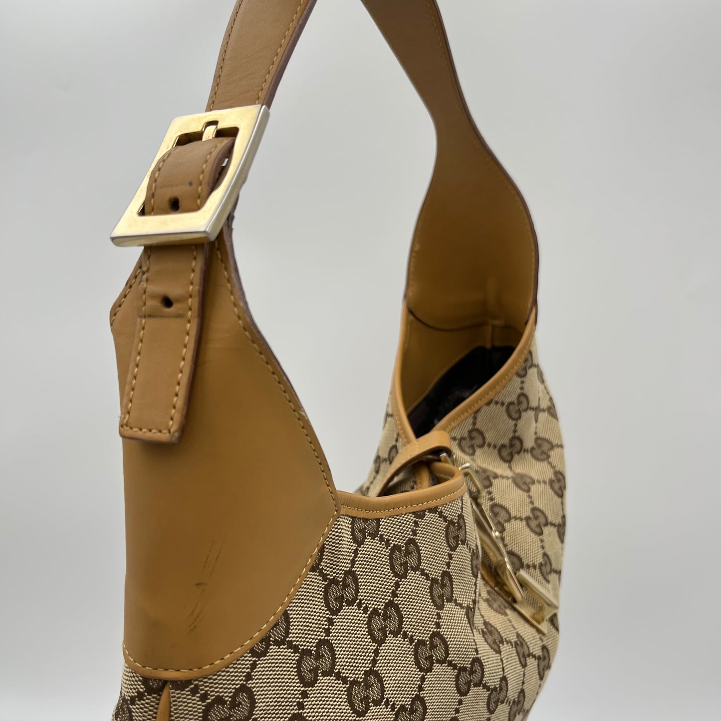 Gucci Beige Monogram Canvas Tan Leather Jackie