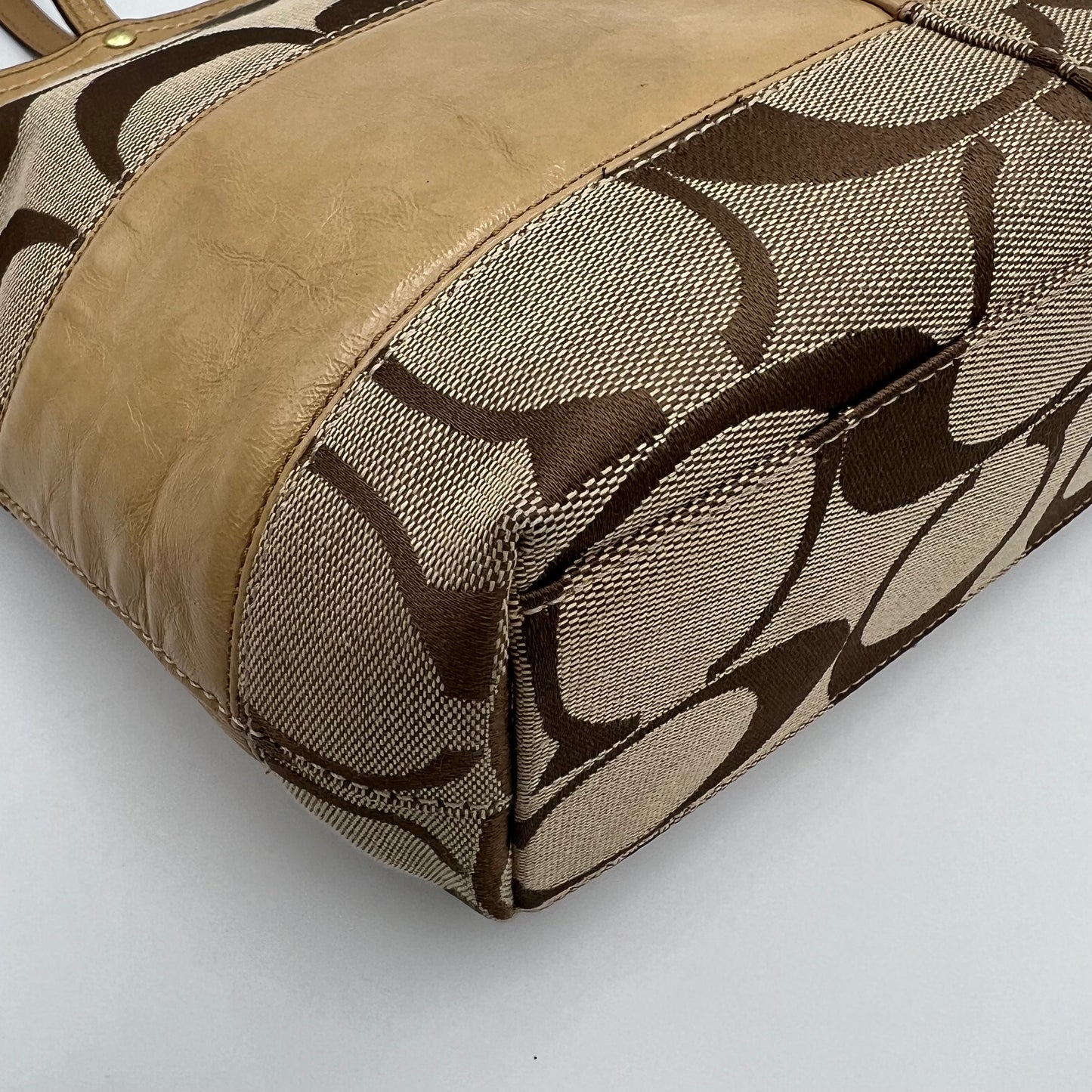 Coach Signature Canvas Khaki Stripe Small Zip Tote
