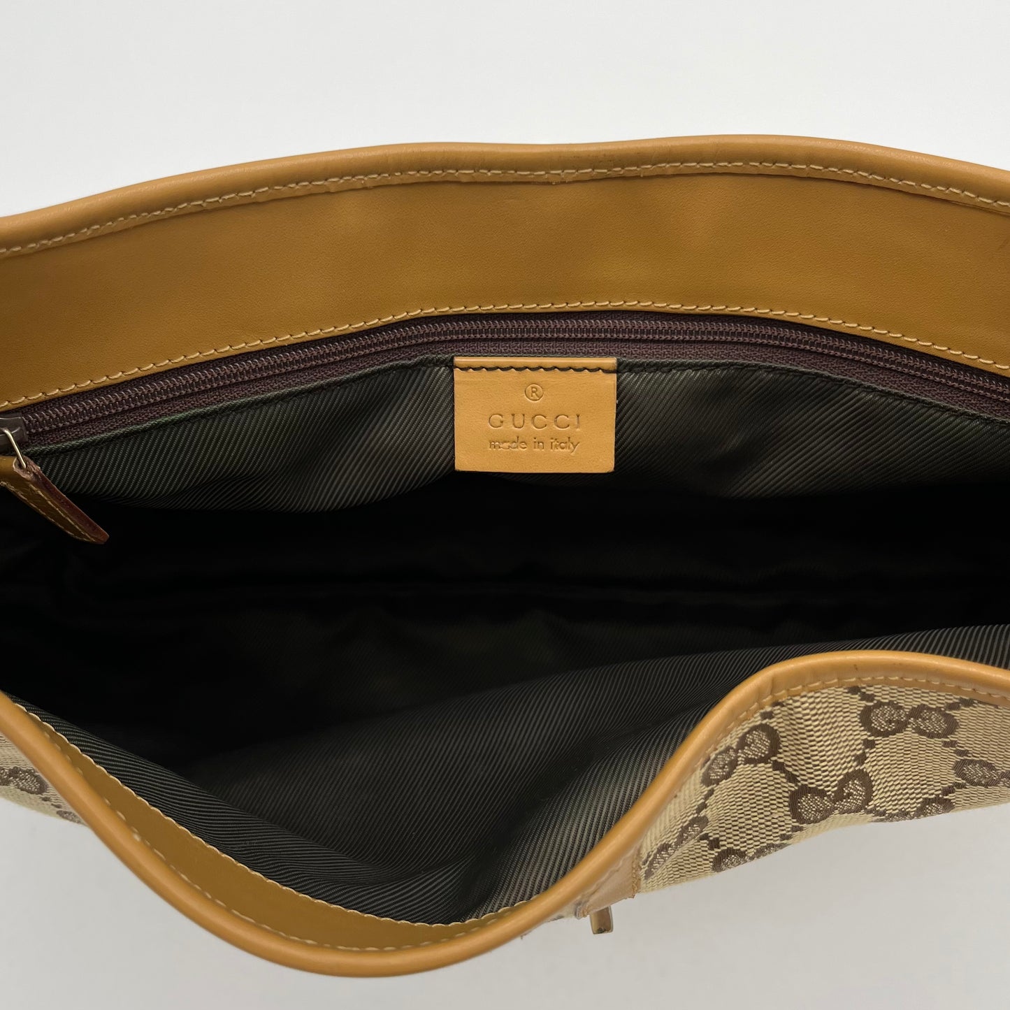 Gucci Beige Monogram Canvas Tan Leather Jackie