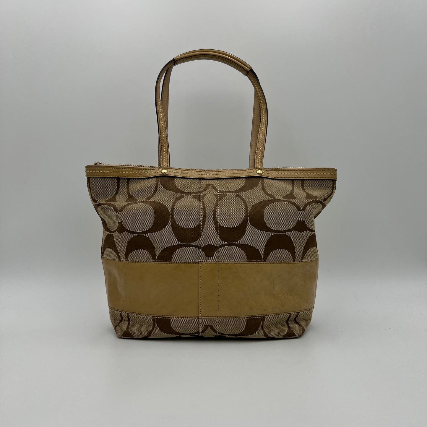 Coach Signature Canvas Khaki Stripe Small Zip Tote