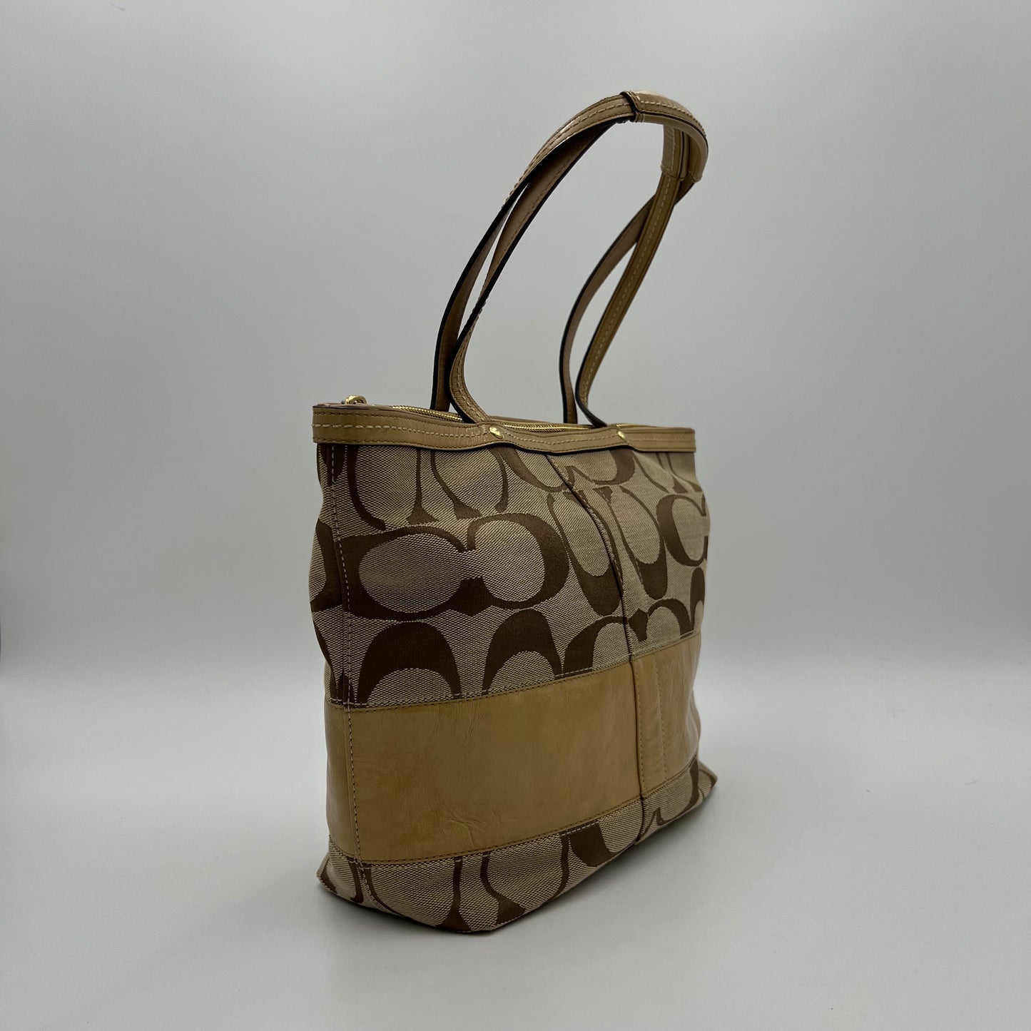 Coach Signature Canvas Khaki Stripe Small Zip Tote