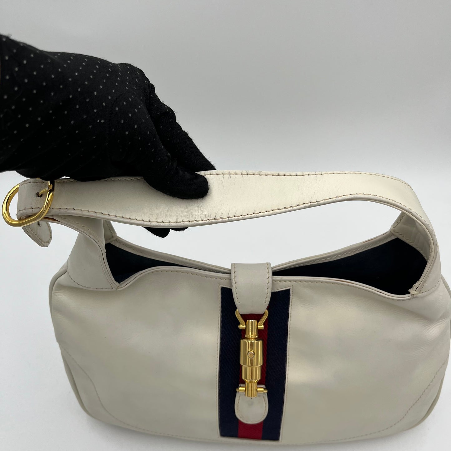 Gucci Vintage White Leather Blue Red Sherryline 1961 Jackie