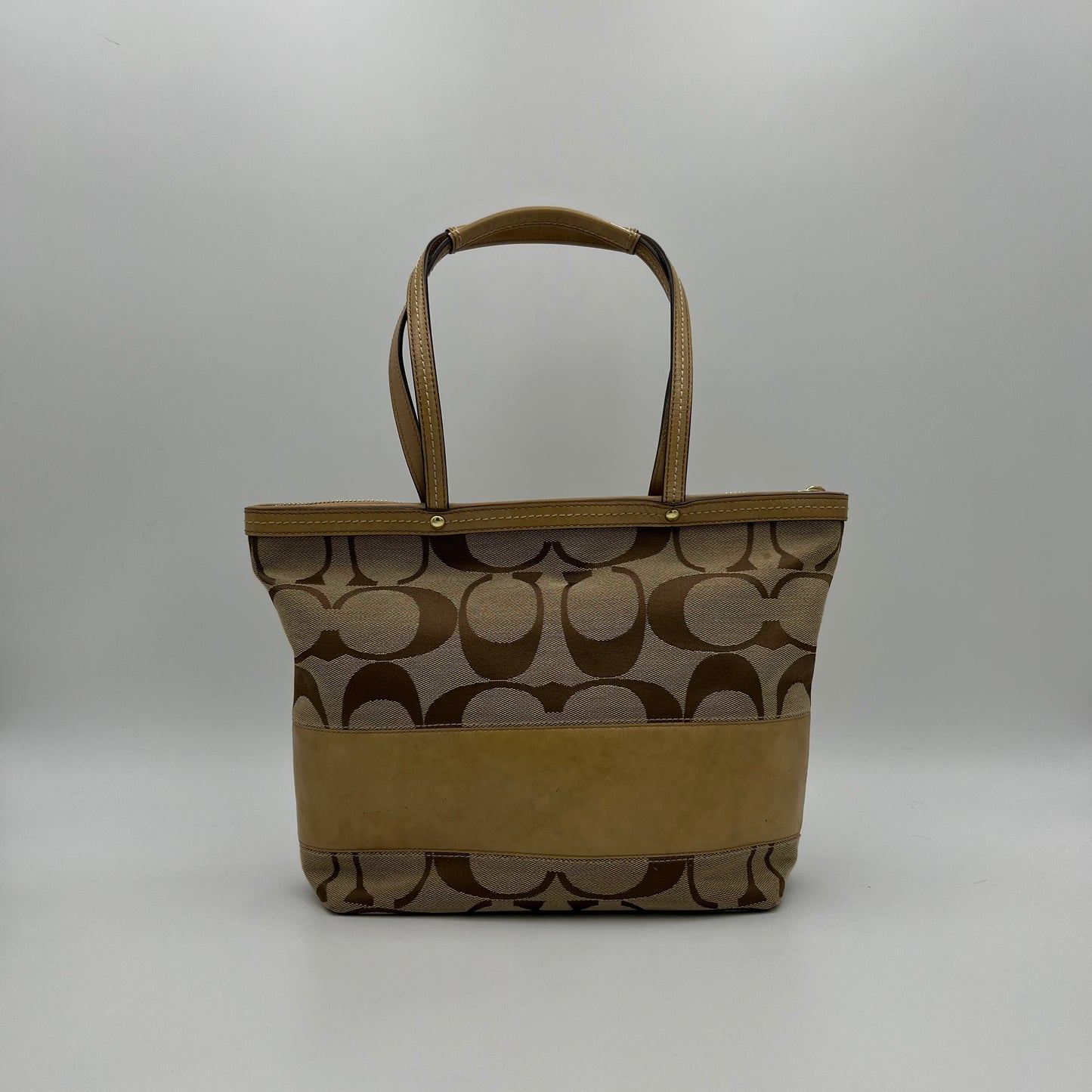 Coach Signature Canvas Khaki Stripe Small Zip Tote